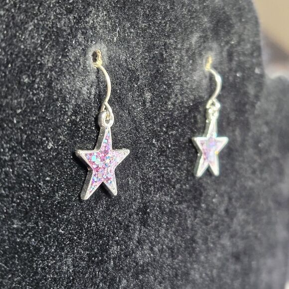Silver Tone Dainty Pink Glitter Inlay Stars Dangling Earrings - Picture 6 of 11